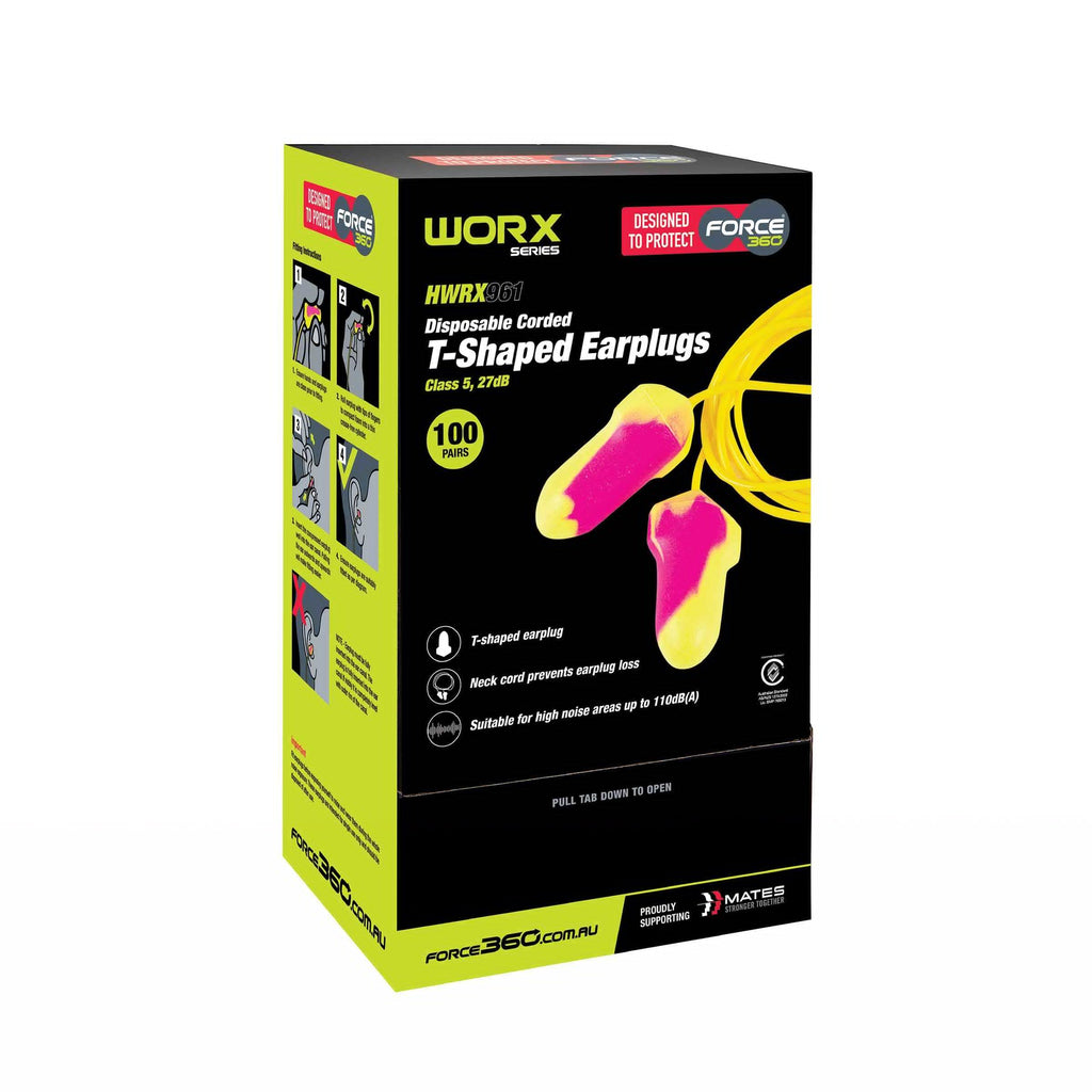 Force360 Worx T-Shaped Disposable Earplug (Corded) - HWRX961